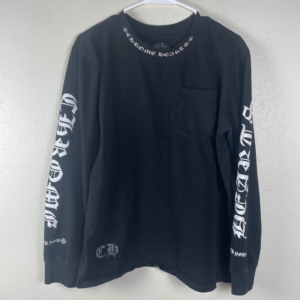 Chrome Hearts Black Long Sleeve Pocket T-Shirt Gothic Scroll Logo Mens M
